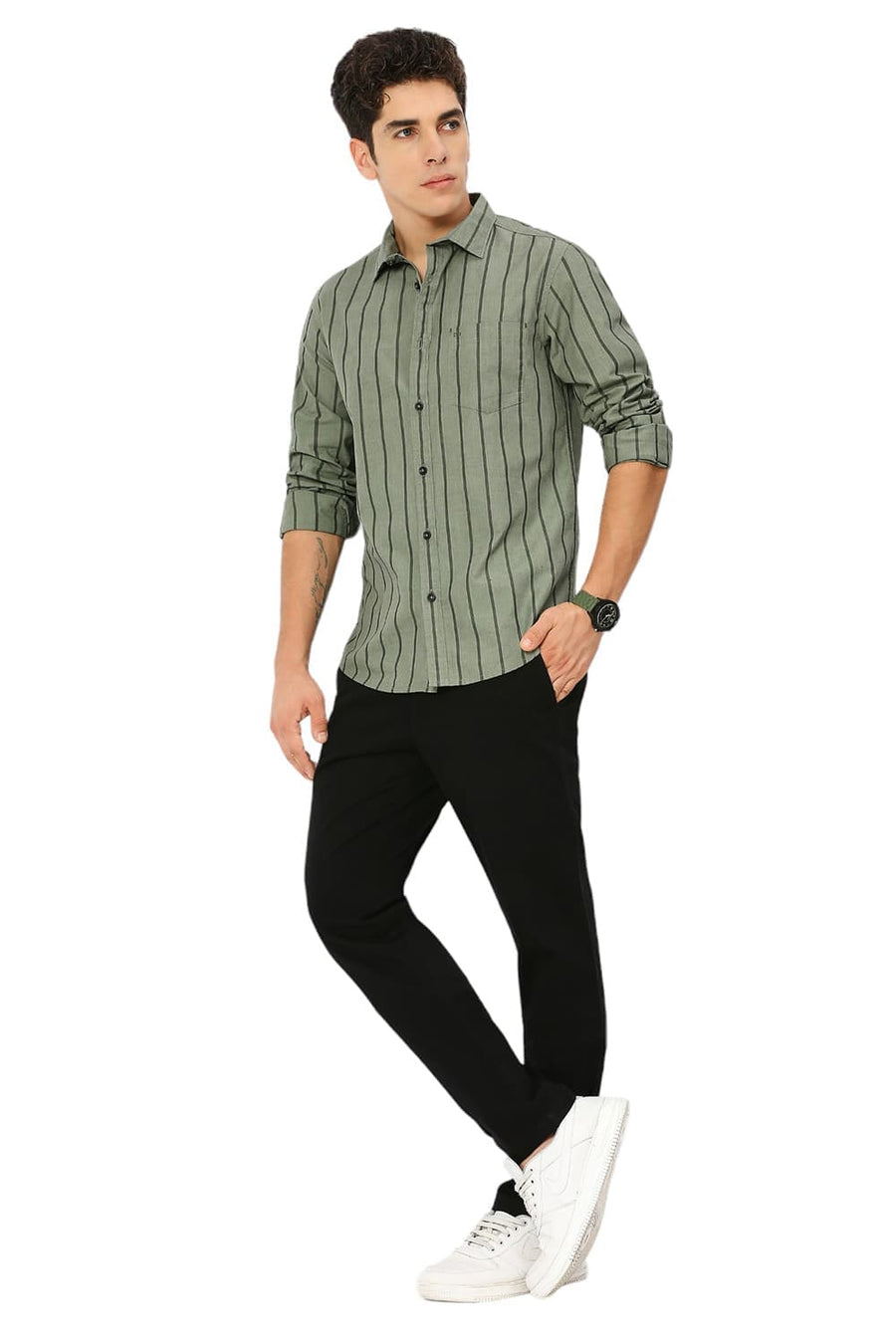 BASICS SLIM FIT SLATE OLIVE COTTON FIL-A-FIL STRIPE SHIRT