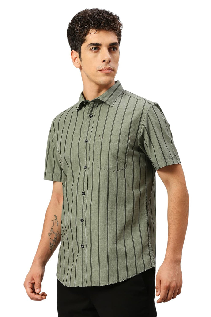 BASICS SLIM FIT SLATE OLIVE COTTON FIL-A-FIL STRIPE HALFSLEEVES SHIRT