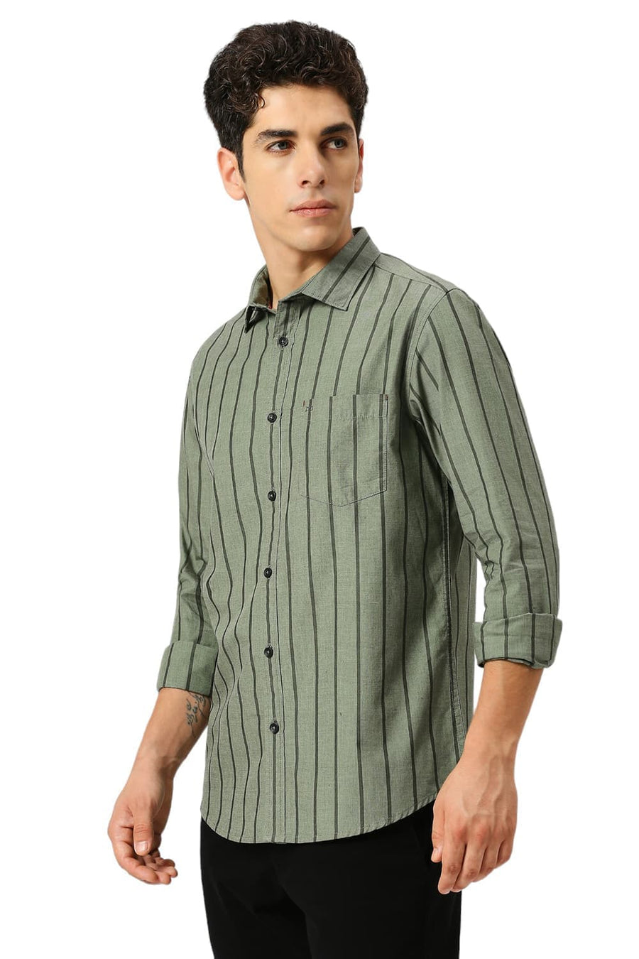 BASICS SLIM FIT SLATE OLIVE COTTON FIL-A-FIL STRIPE SHIRT