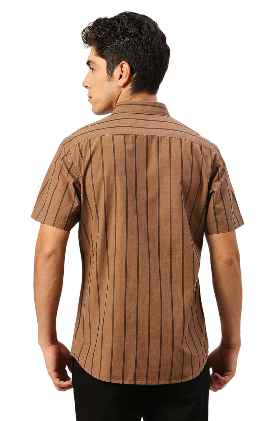 BASICS SLIM FIT PIE BROWN COTTON FIL-A-FIL STRIPE HALFSLEEVES SHIRT