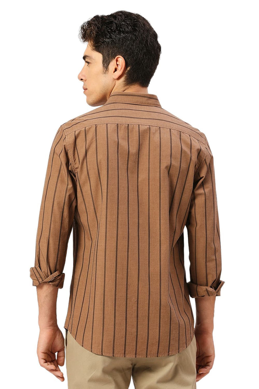 BASICS SLIM FIT PIE BROWN COTTON FIL-A-FIL STRIPE SHIRT