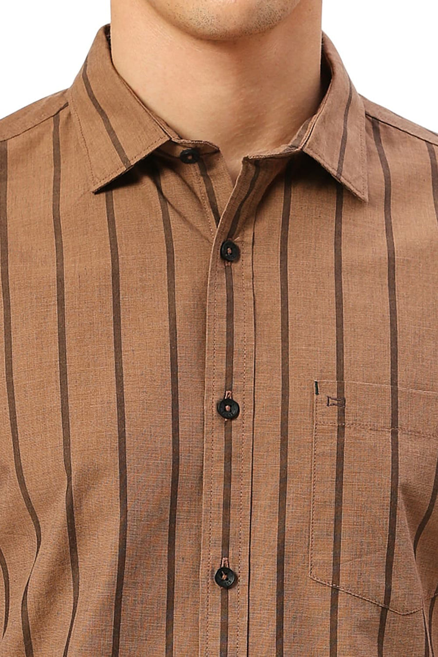 BASICS SLIM FIT PIE BROWN COTTON FIL-A-FIL STRIPE HALFSLEEVES SHIRT