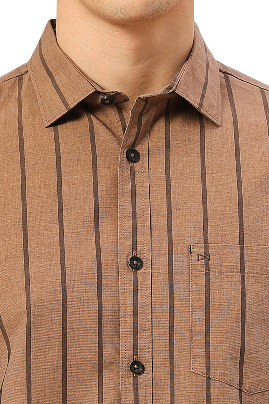 BASICS SLIM FIT PIE BROWN COTTON FIL-A-FIL STRIPE SHIRT