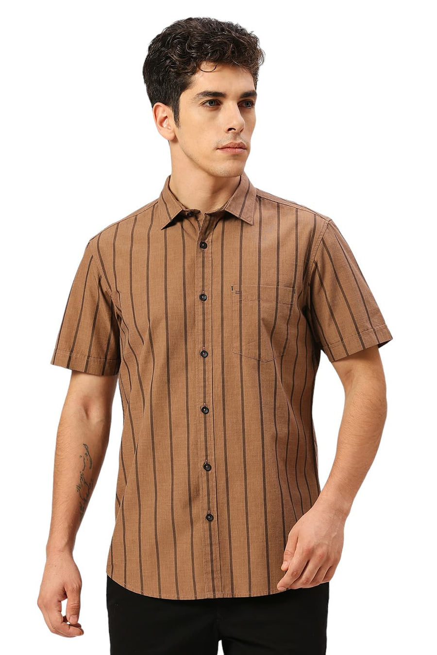 BASICS SLIM FIT PIE BROWN COTTON FIL-A-FIL STRIPE HALFSLEEVES SHIRT