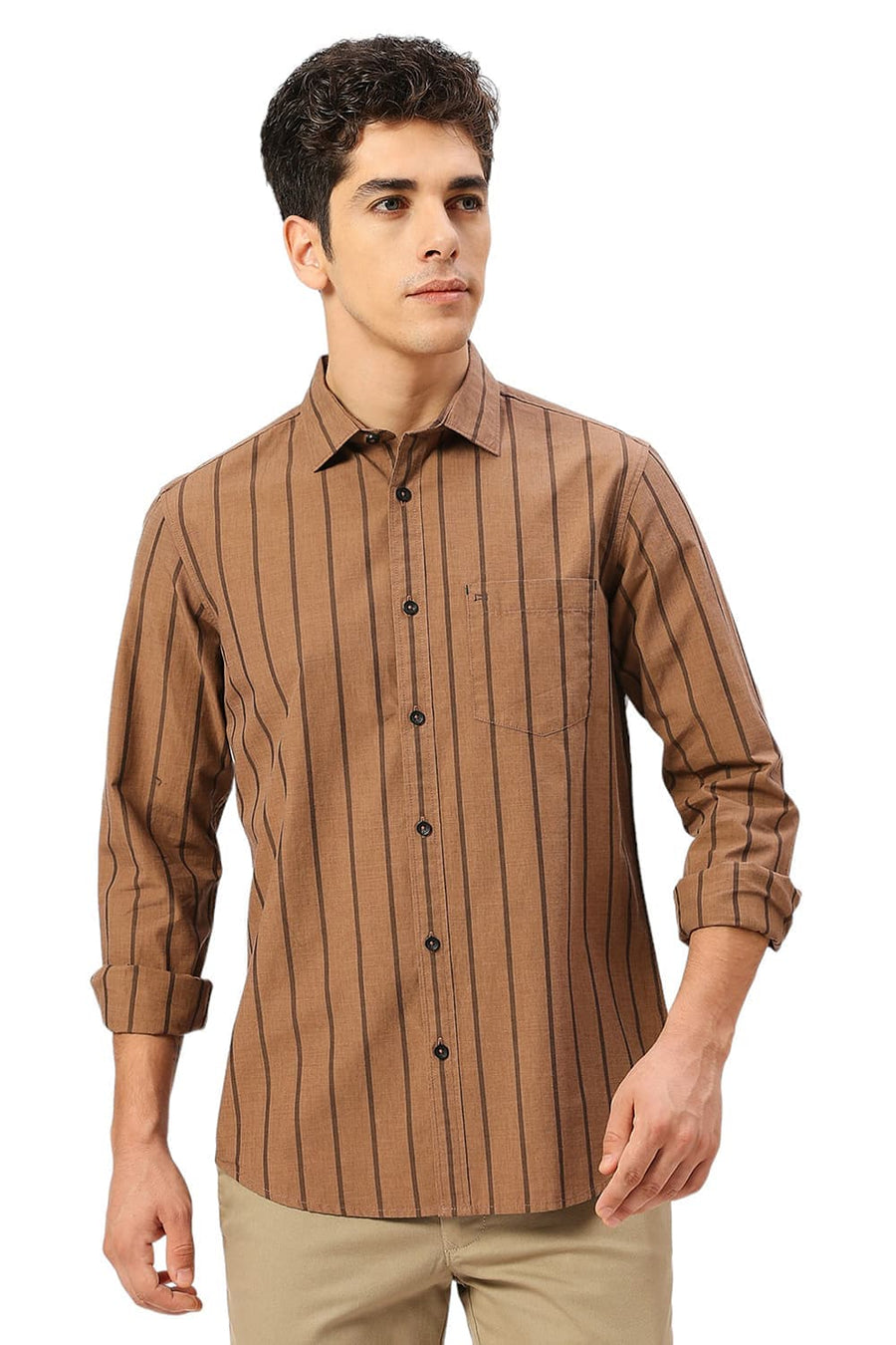 BASICS SLIM FIT PIE BROWN COTTON FIL-A-FIL STRIPE SHIRT