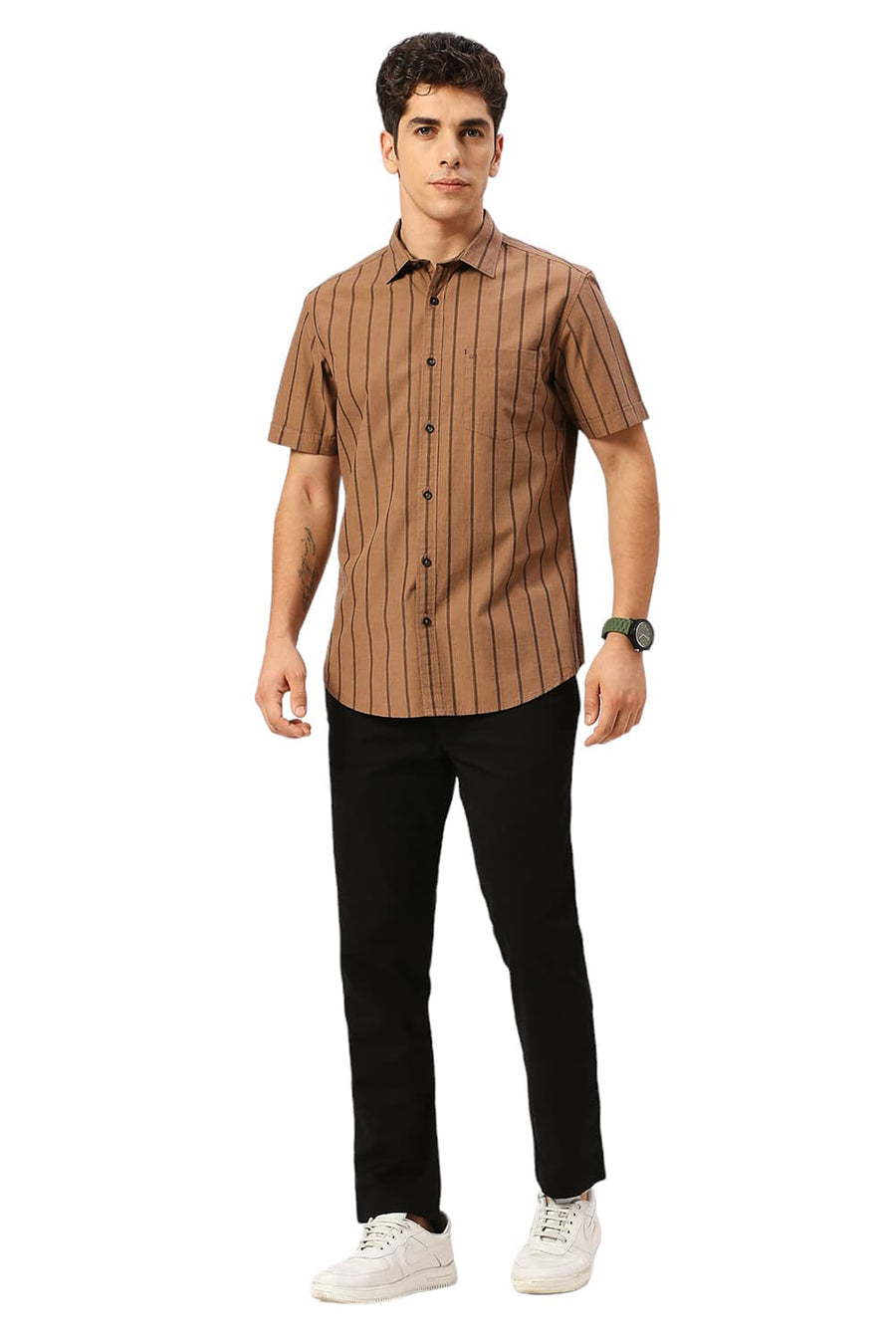 BASICS SLIM FIT PIE BROWN COTTON FIL-A-FIL STRIPE HALFSLEEVES SHIRT