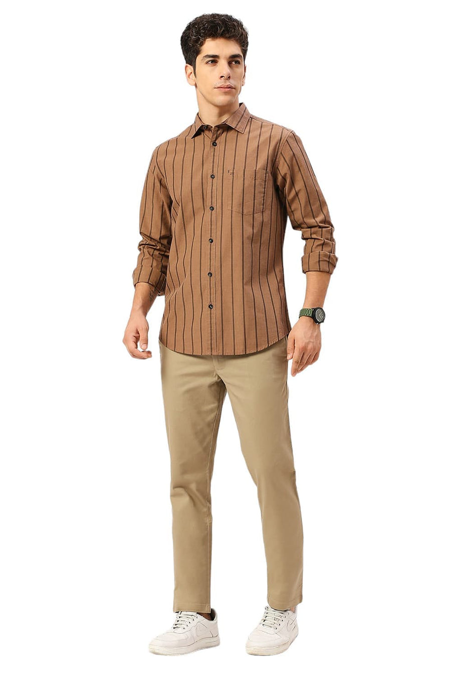 BASICS SLIM FIT PIE BROWN COTTON FIL-A-FIL STRIPE SHIRT