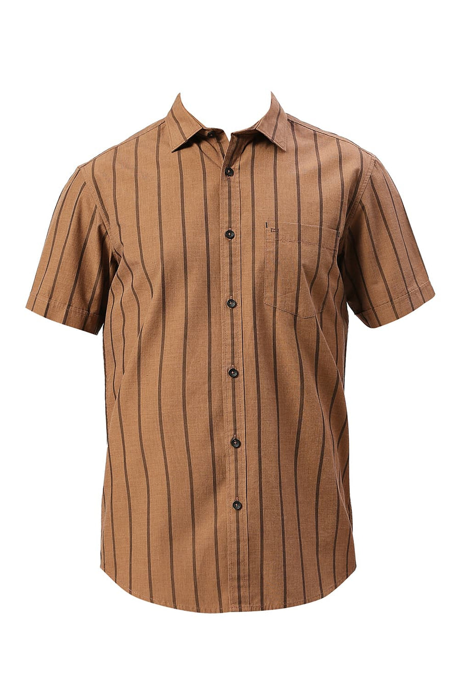 BASICS SLIM FIT PIE BROWN COTTON FIL-A-FIL STRIPE HALFSLEEVES SHIRT