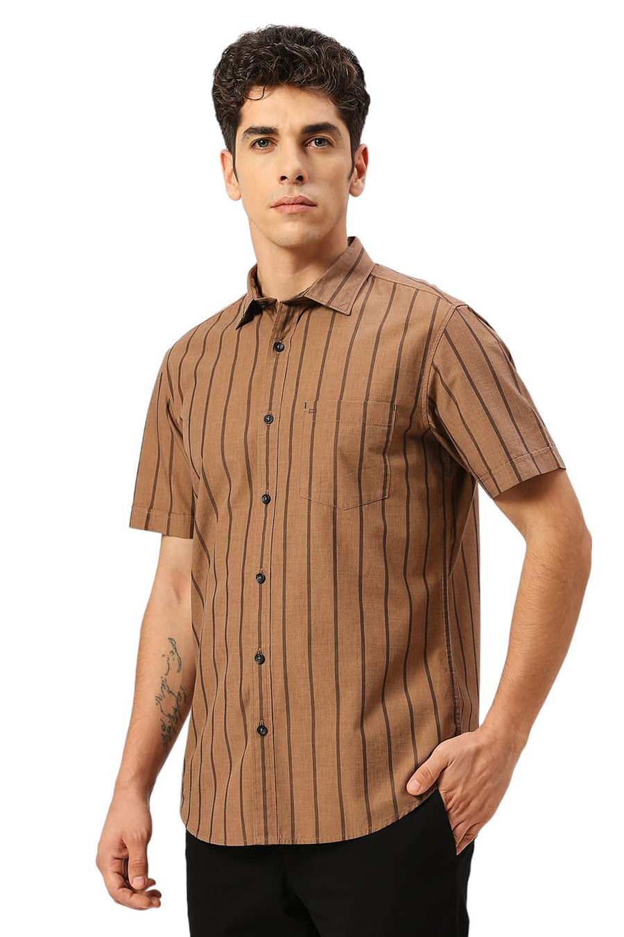 BASICS SLIM FIT PIE BROWN COTTON FIL-A-FIL STRIPE HALFSLEEVES SHIRT