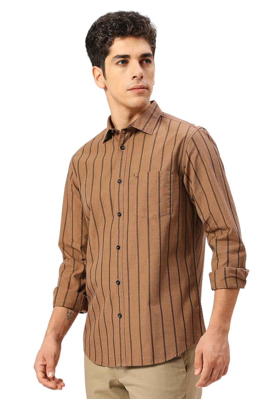 BASICS SLIM FIT PIE BROWN COTTON FIL-A-FIL STRIPE SHIRT