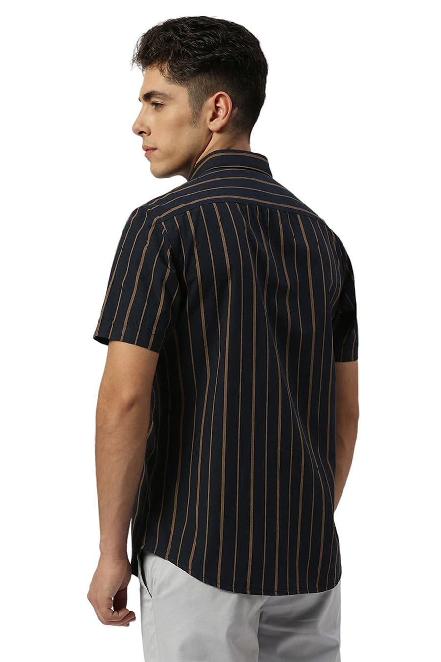 BASICS SLIM FIT MIDNIGHT BLACK COTTON STRIPE HALFSLEEVES SHIRT