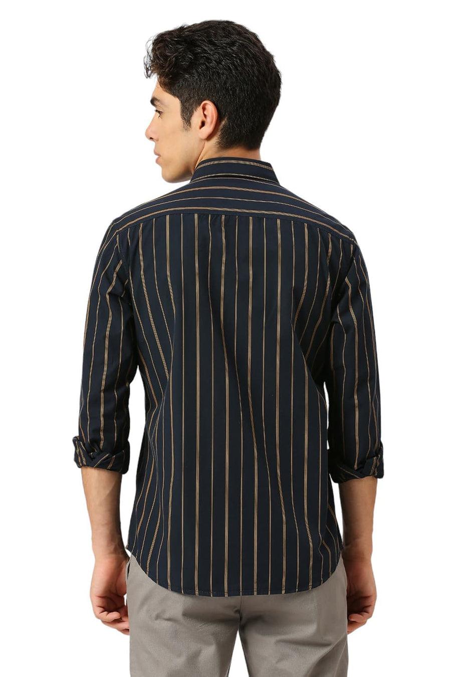 BASICS SLIM FIT MIDNIGHT BLACK COTTON STRIPE SHIRT