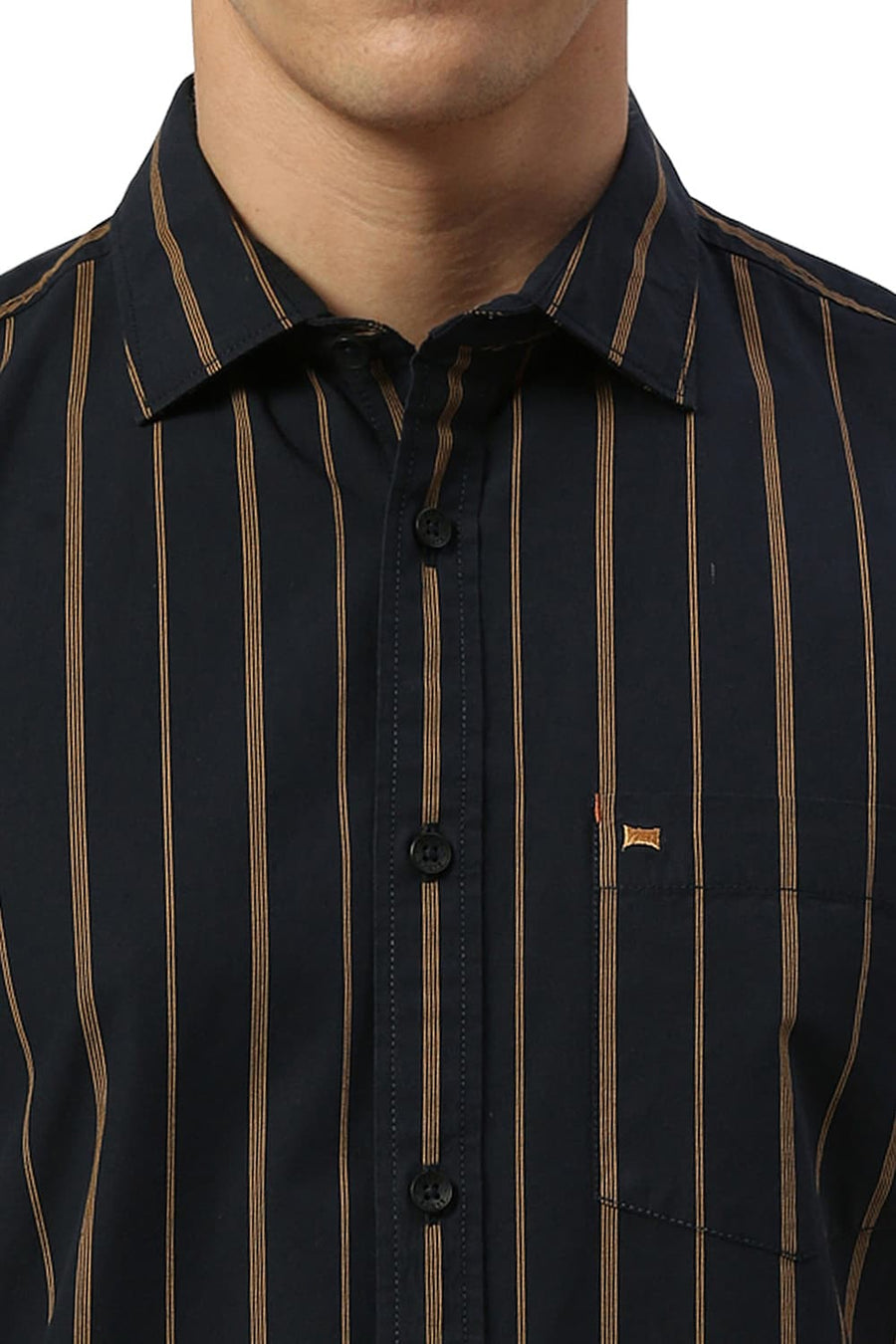 BASICS SLIM FIT MIDNIGHT BLACK COTTON STRIPE HALFSLEEVES SHIRT
