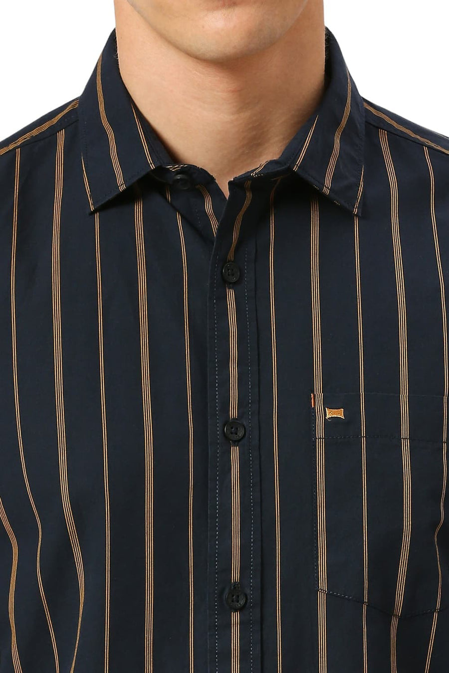 BASICS SLIM FIT MIDNIGHT BLACK COTTON STRIPE SHIRT