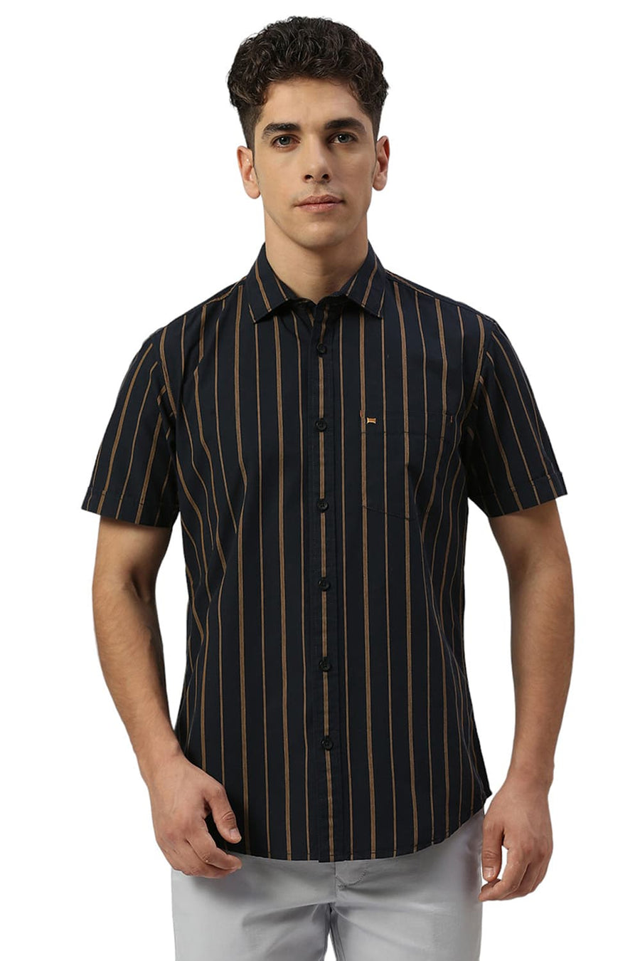 BASICS SLIM FIT MIDNIGHT BLACK COTTON STRIPE HALFSLEEVES SHIRT