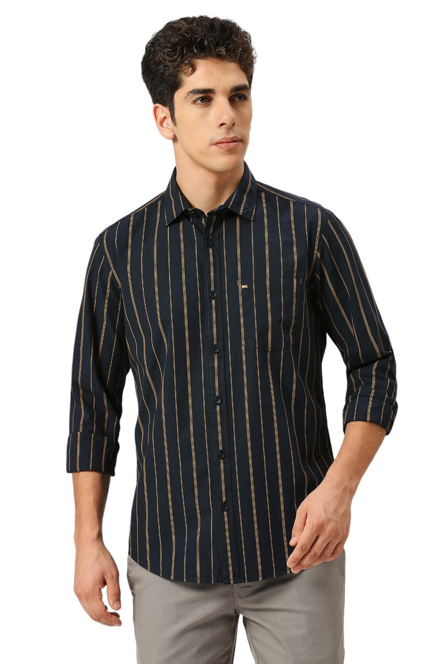 BASICS SLIM FIT MIDNIGHT BLACK COTTON STRIPE SHIRT