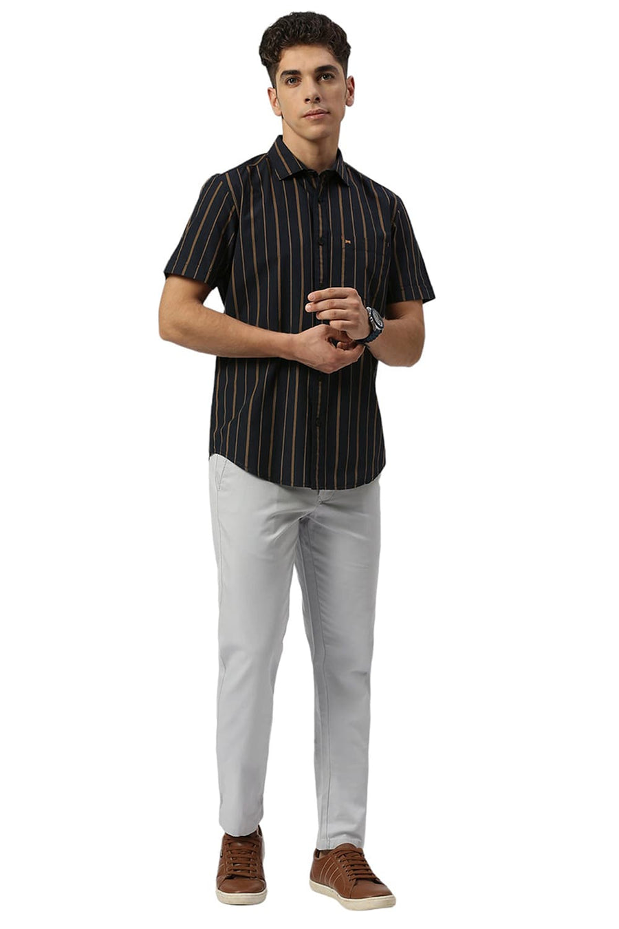 BASICS SLIM FIT MIDNIGHT BLACK COTTON STRIPE HALFSLEEVES SHIRT