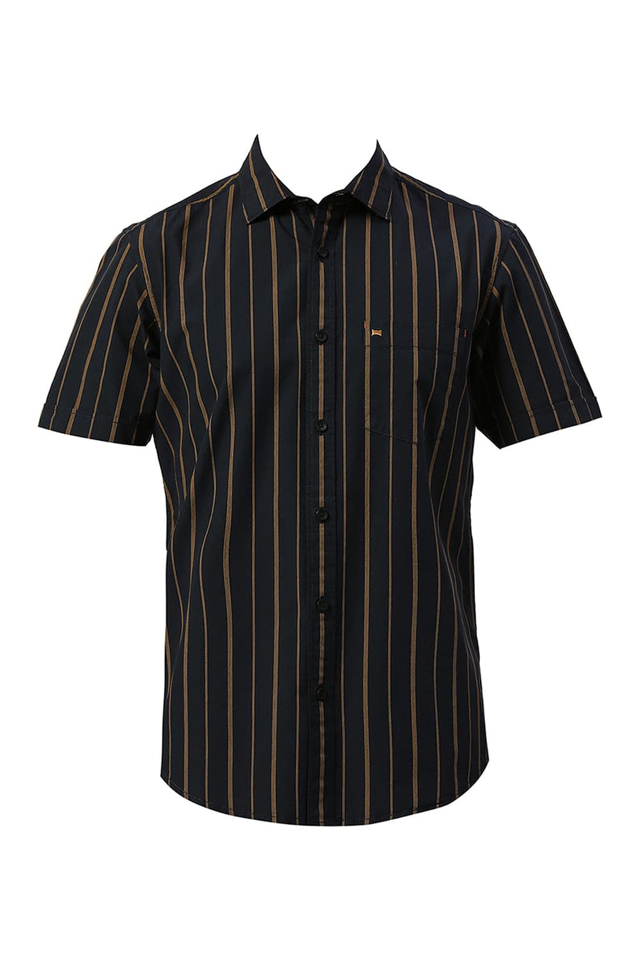 BASICS SLIM FIT MIDNIGHT BLACK COTTON STRIPE HALFSLEEVES SHIRT