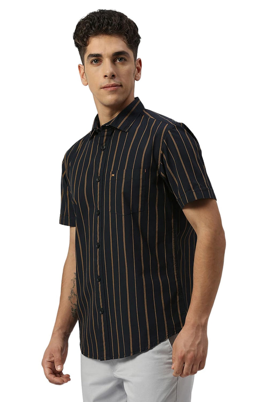 BASICS SLIM FIT MIDNIGHT BLACK COTTON STRIPE HALFSLEEVES SHIRT