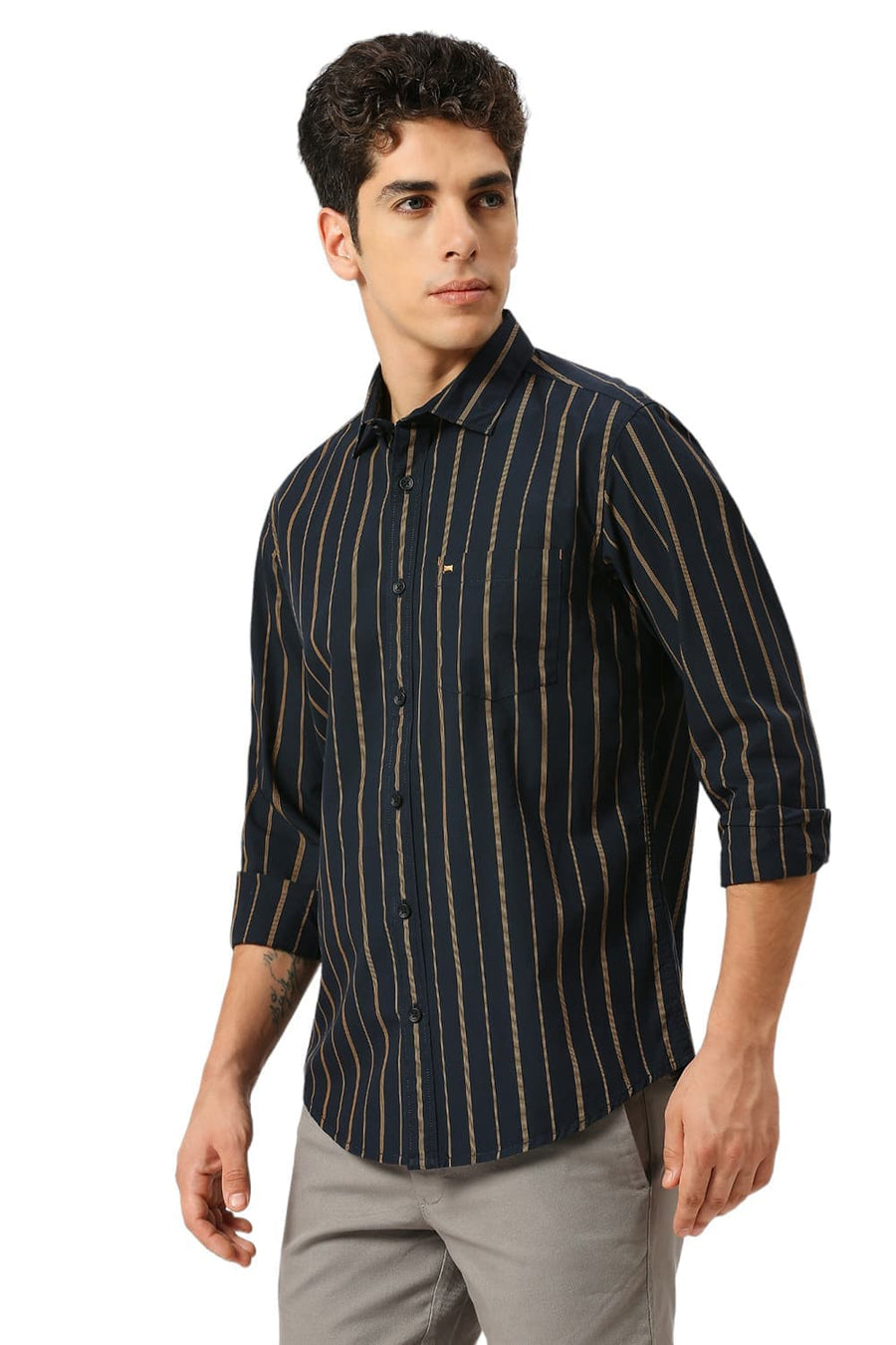 BASICS SLIM FIT MIDNIGHT BLACK COTTON STRIPE SHIRT