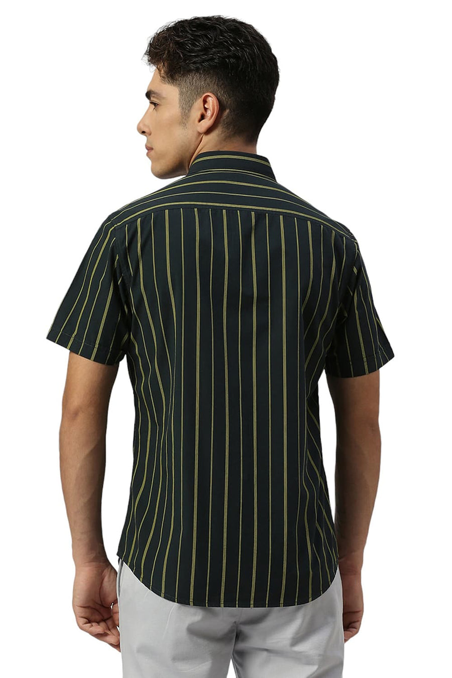 BASICS SLIM FIT FOREST GREEN COTTON STRIPE HALFSLEEVES SHIRT