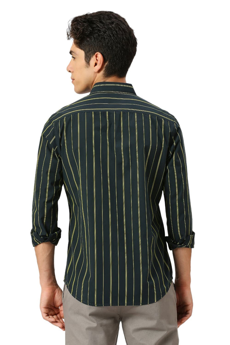 BASICS SLIM FIT FOREST GREEN COTTON STRIPE SHIRT