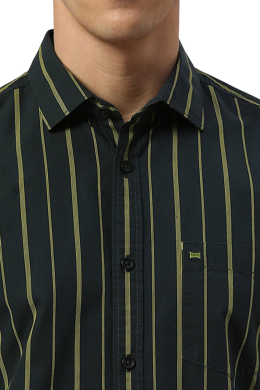BASICS SLIM FIT FOREST GREEN COTTON STRIPE HALFSLEEVES SHIRT
