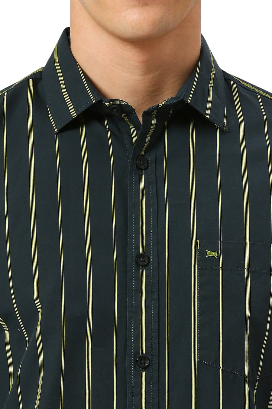 BASICS SLIM FIT FOREST GREEN COTTON STRIPE SHIRT