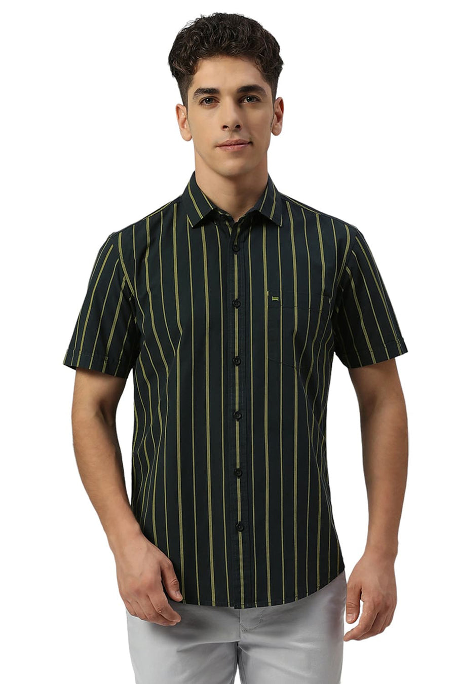 BASICS SLIM FIT FOREST GREEN COTTON STRIPE HALFSLEEVES SHIRT