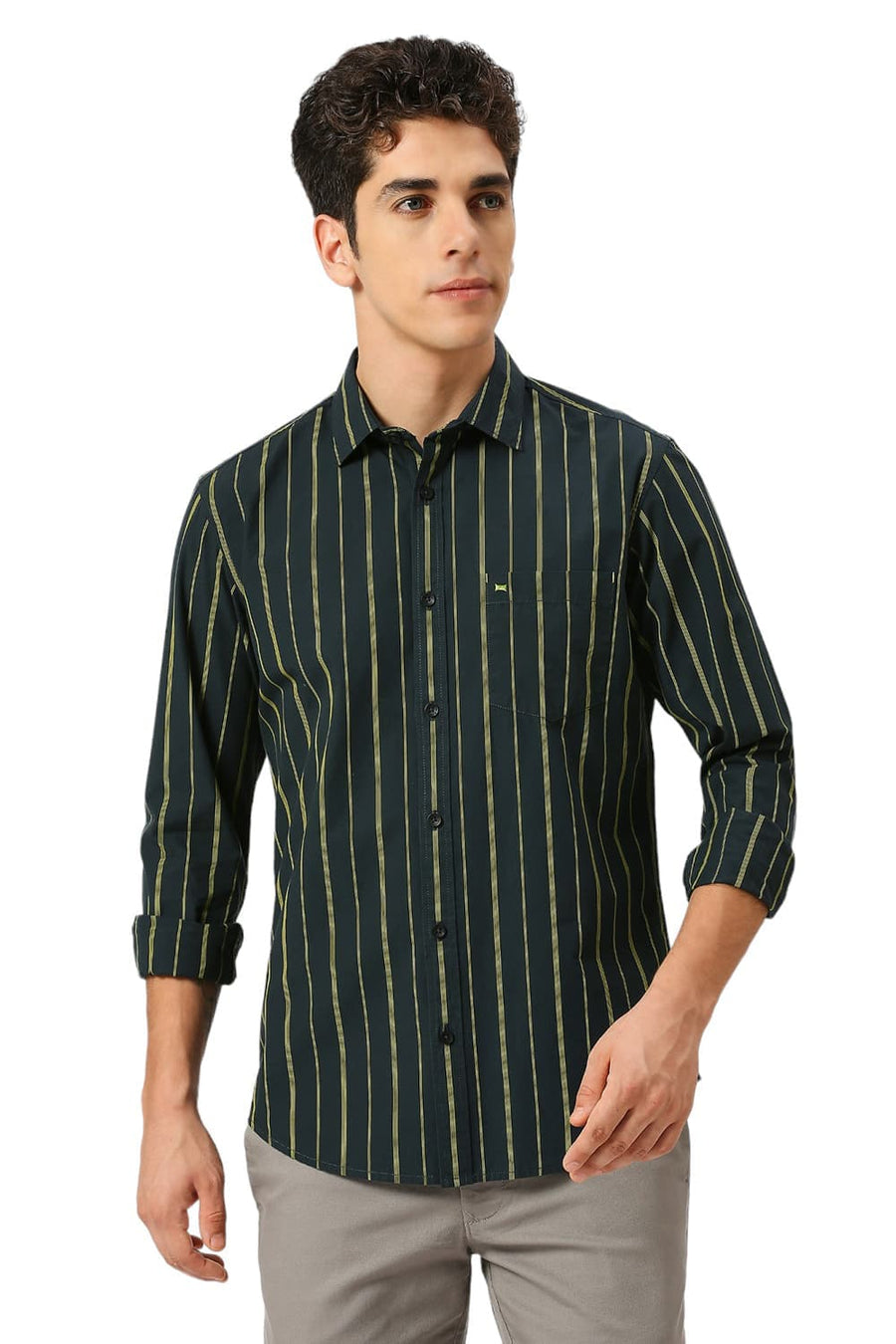 BASICS SLIM FIT FOREST GREEN COTTON STRIPE SHIRT