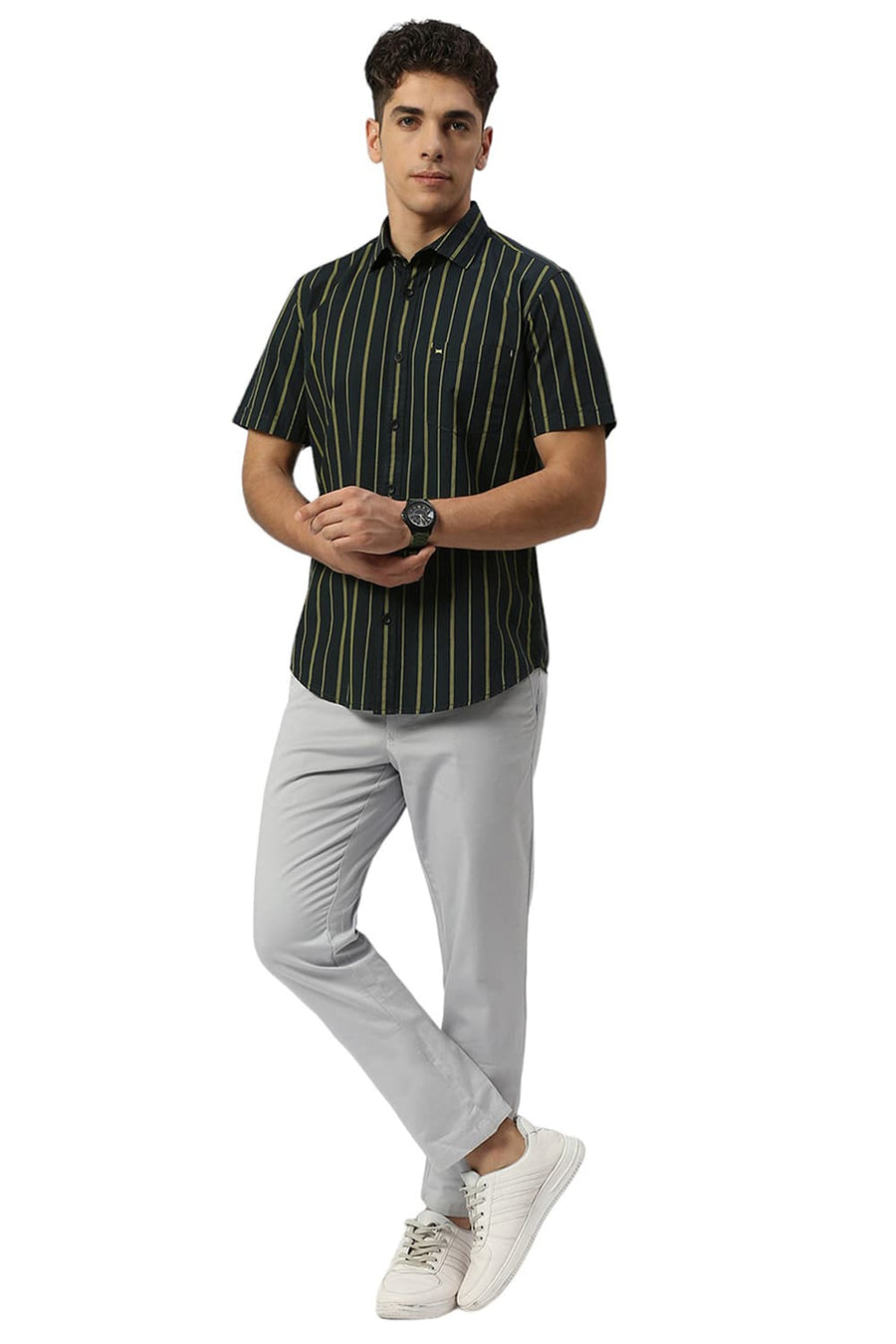 BASICS SLIM FIT FOREST GREEN COTTON STRIPE HALFSLEEVES SHIRT