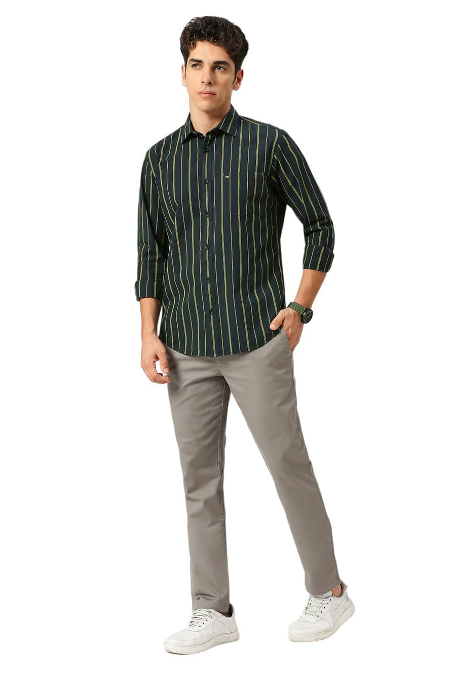 BASICS SLIM FIT FOREST GREEN COTTON STRIPE SHIRT