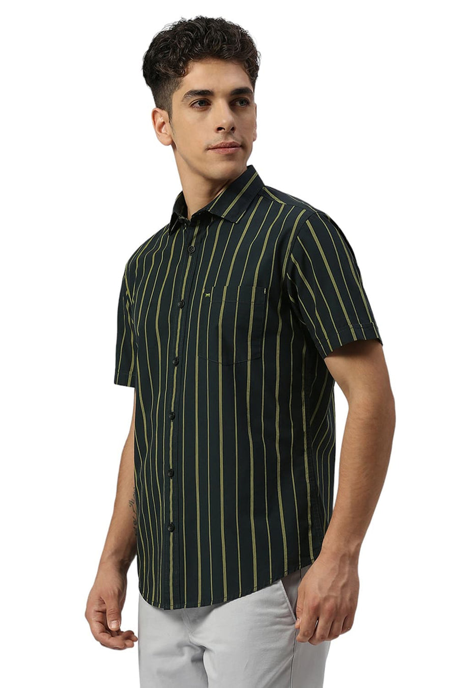 BASICS SLIM FIT FOREST GREEN COTTON STRIPE HALFSLEEVES SHIRT