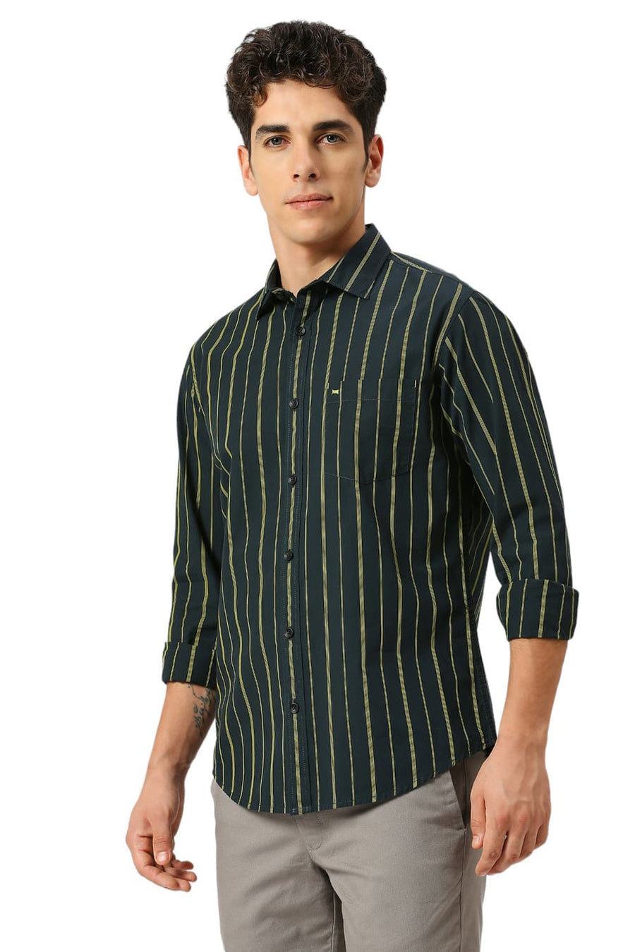 BASICS SLIM FIT FOREST GREEN COTTON STRIPE SHIRT