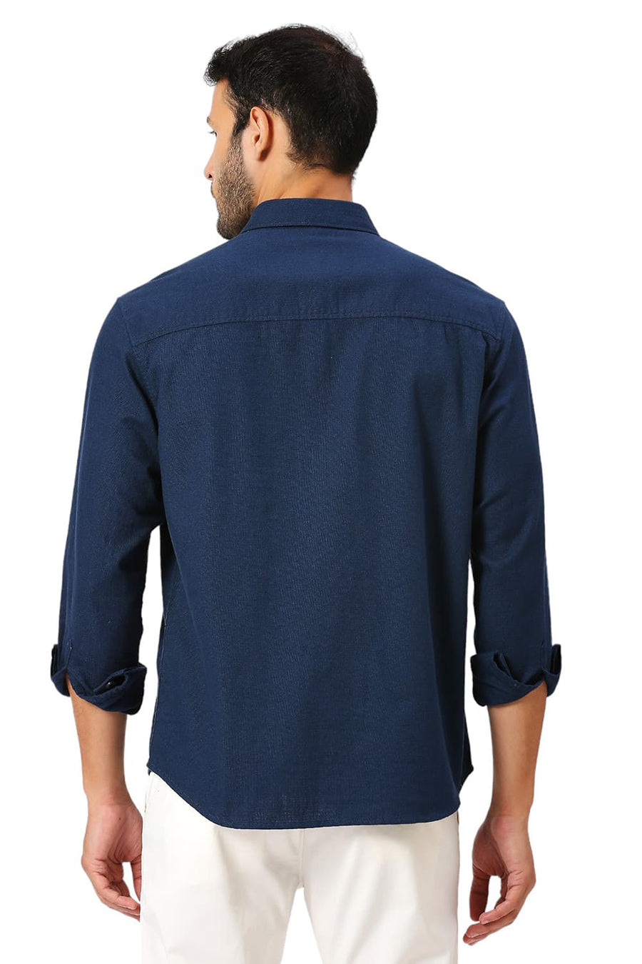 BASICS RELAXED FIT MOONLIT NAVY COTTON HOPSACK SLUB DOBBY SHIRT