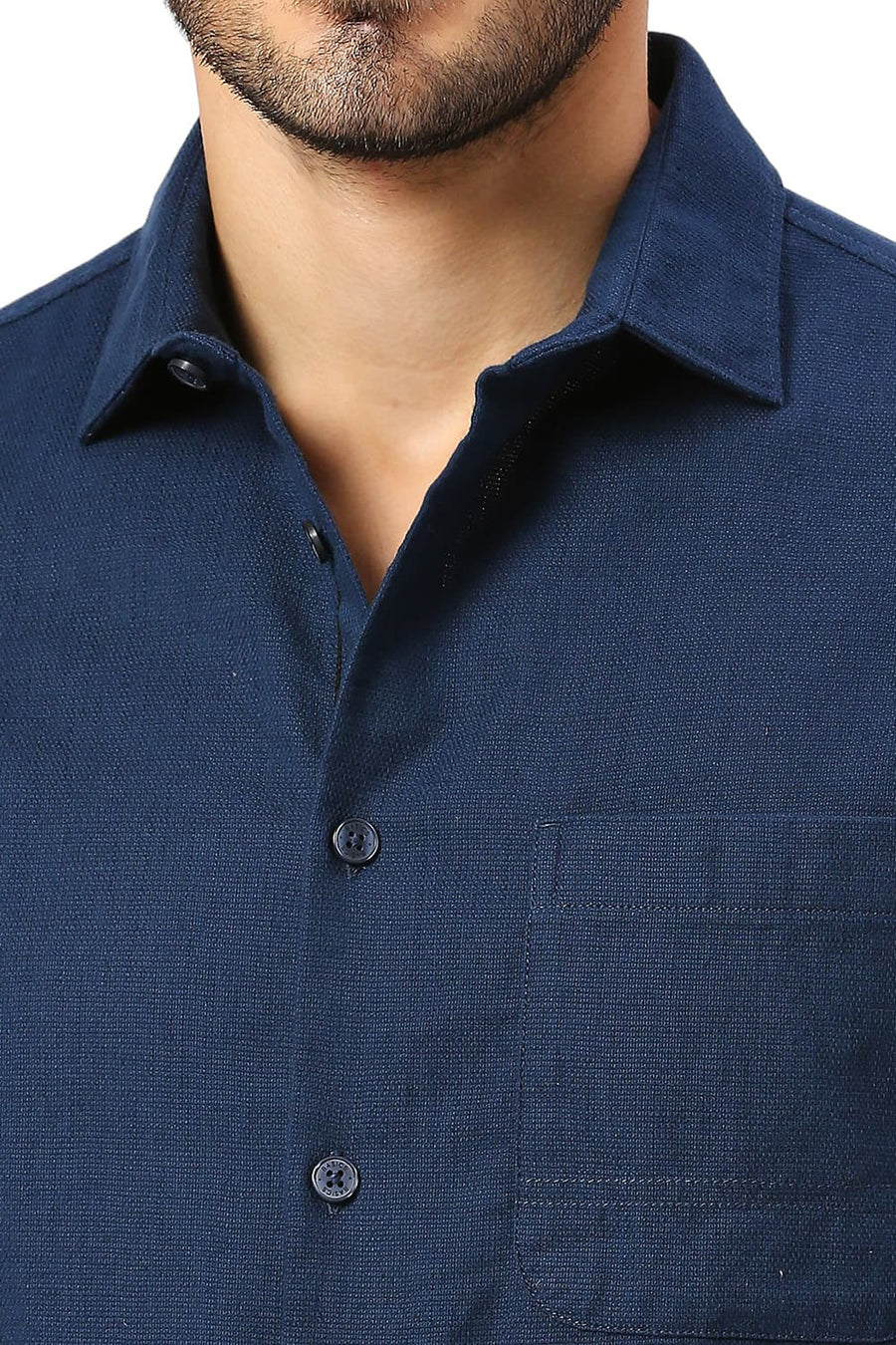 BASICS RELAXED FIT MOONLIT NAVY COTTON HOPSACK SLUB DOBBY SHIRT