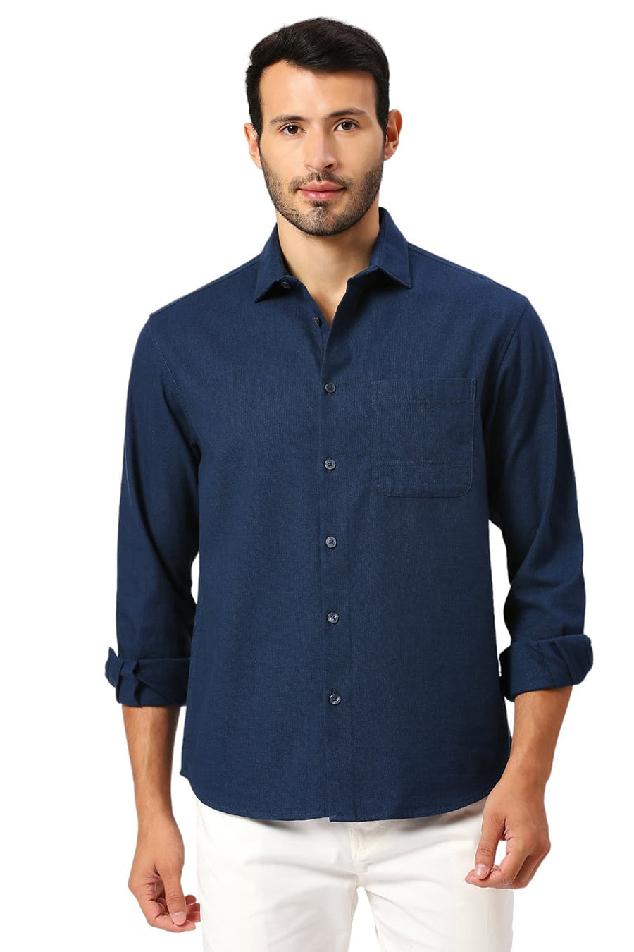 BASICS RELAXED FIT MOONLIT NAVY COTTON HOPSACK SLUB DOBBY SHIRT