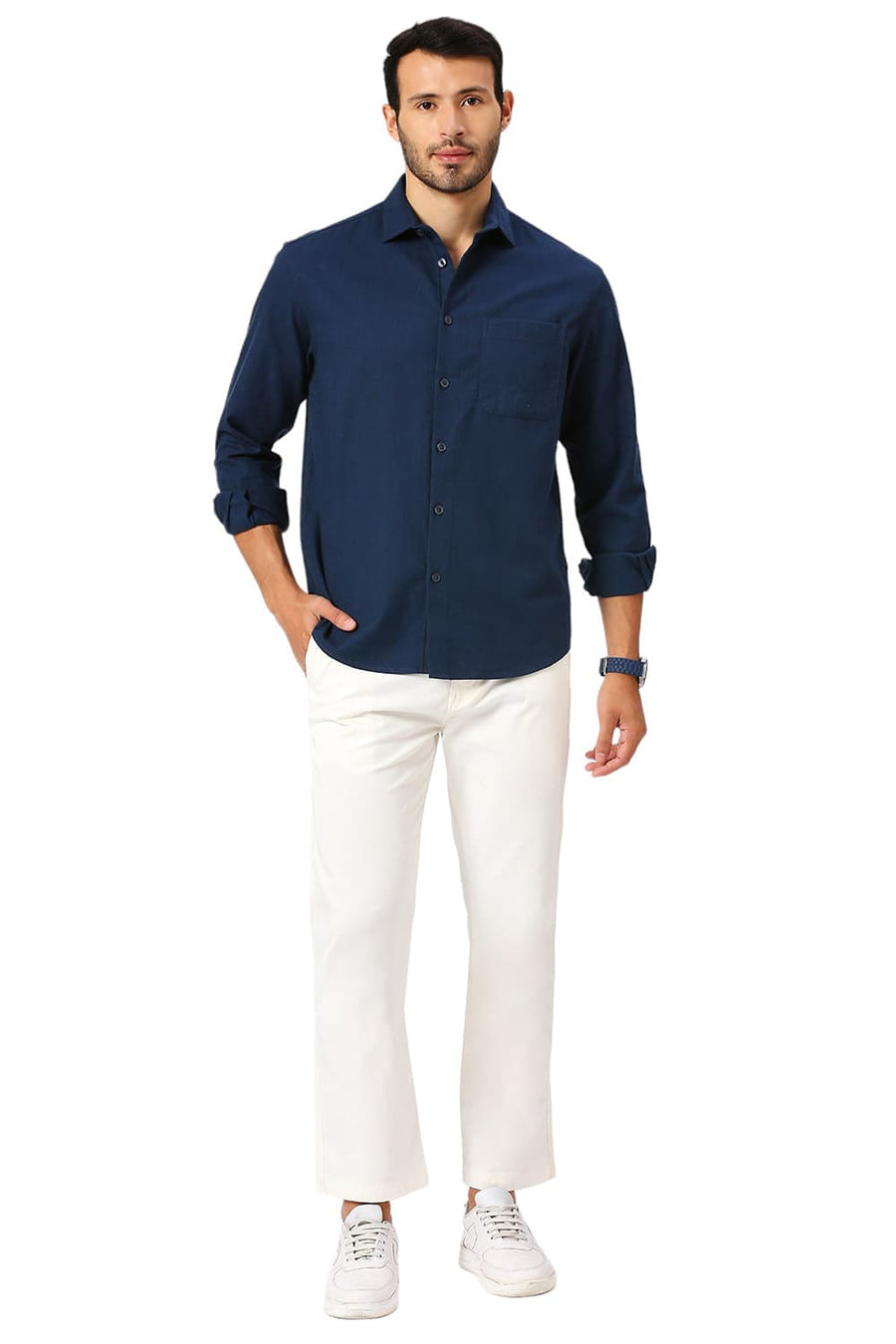 BASICS RELAXED FIT MOONLIT NAVY COTTON HOPSACK SLUB DOBBY SHIRT