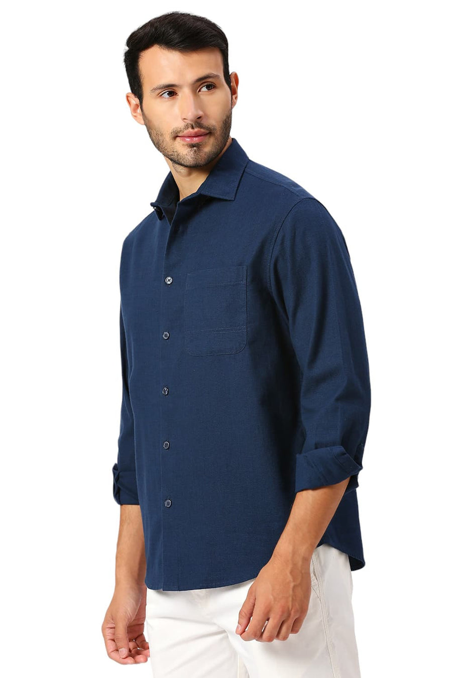 BASICS RELAXED FIT MOONLIT NAVY COTTON HOPSACK SLUB DOBBY SHIRT