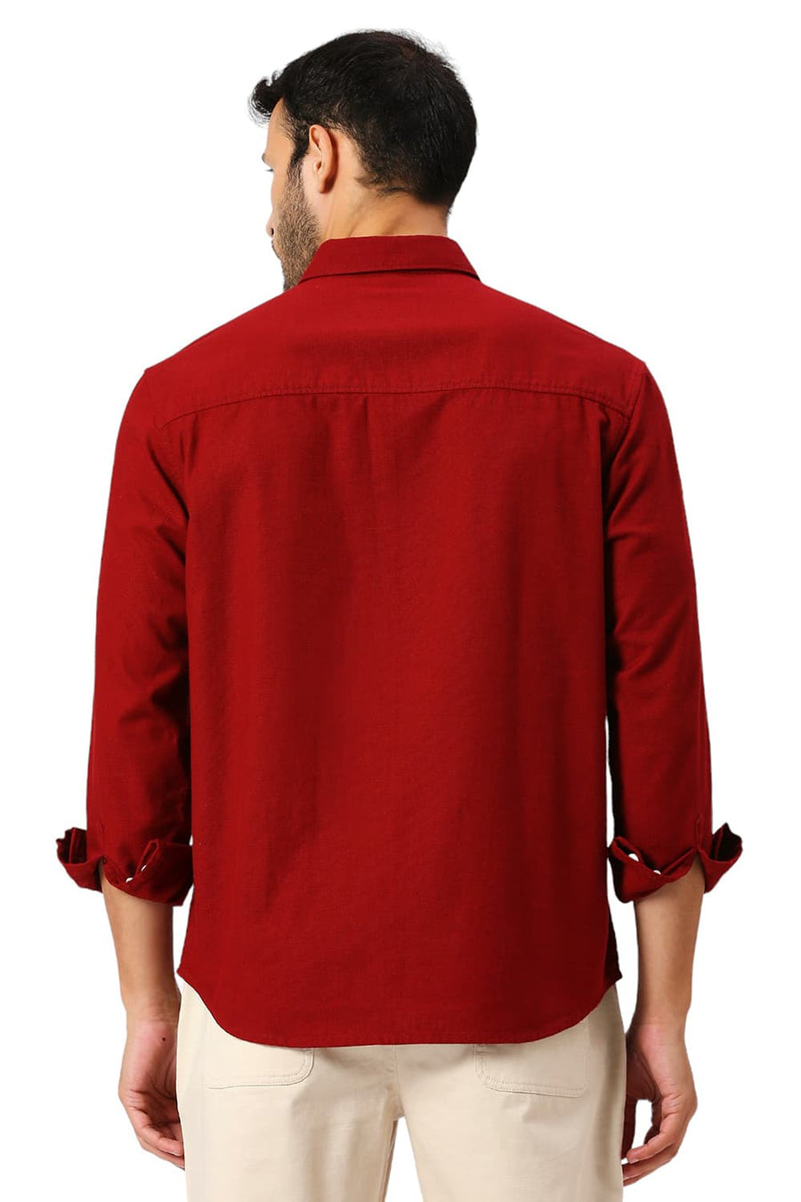 BASICS RELAXED FIT WINERY RED COTTON HOPSACK SLUB DOBBY SHIRT