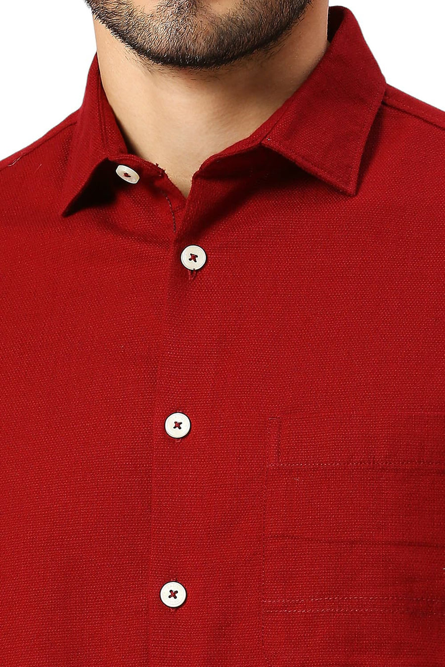 BASICS RELAXED FIT WINERY RED COTTON HOPSACK SLUB DOBBY SHIRT