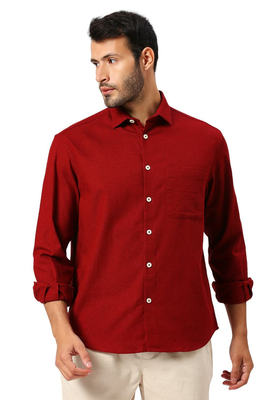 BASICS RELAXED FIT WINERY RED COTTON HOPSACK SLUB DOBBY SHIRT