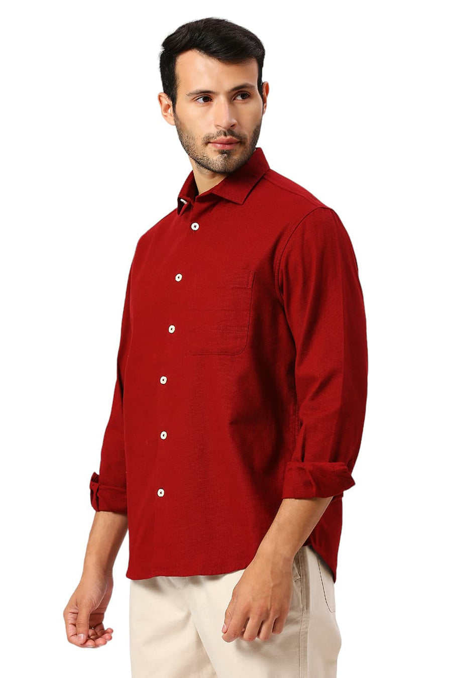 BASICS RELAXED FIT WINERY RED COTTON HOPSACK SLUB DOBBY SHIRT