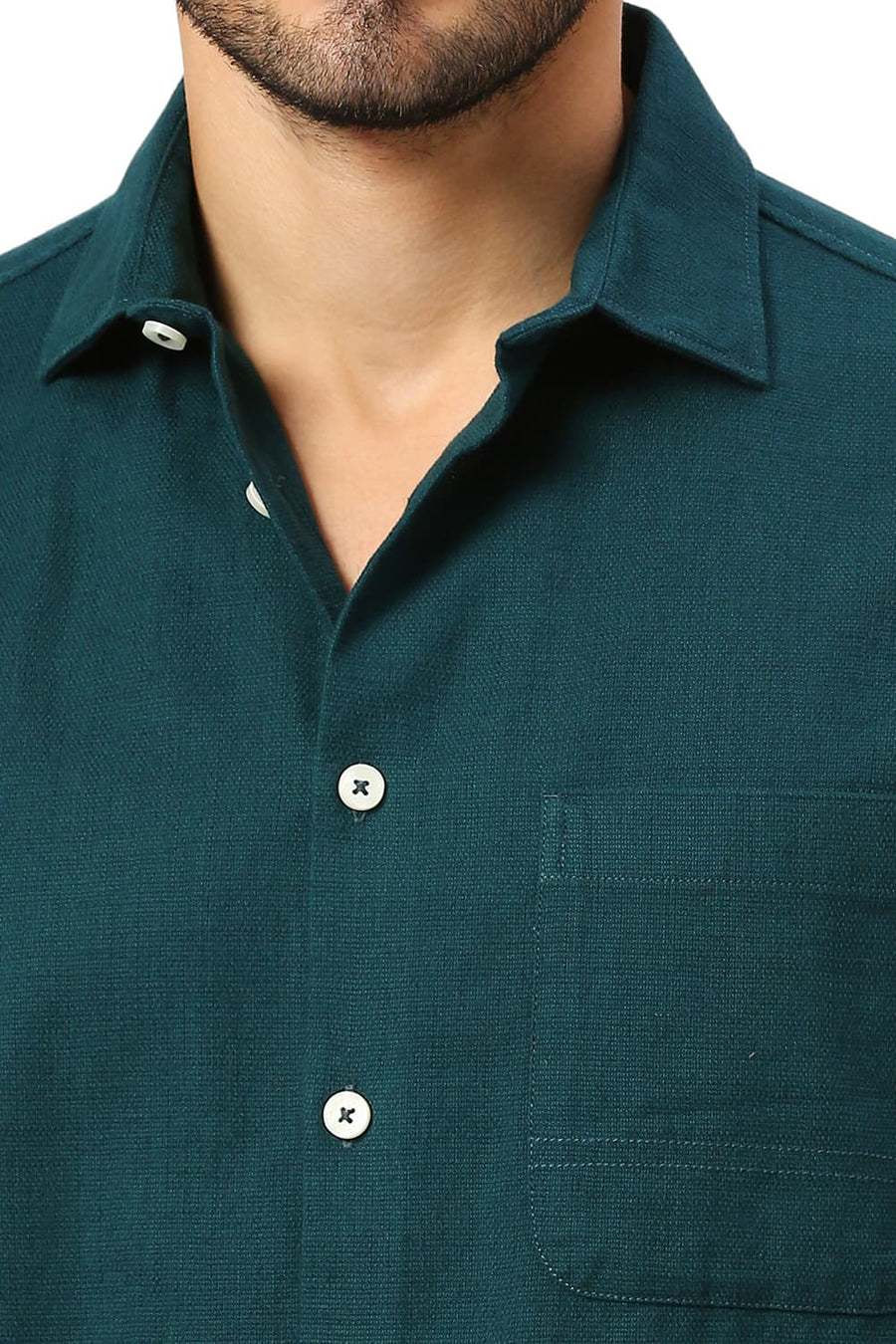 BASICS RELAXED FIT SEA GREEN COTTON HOPSACK SLUB DOBBY SHIRT