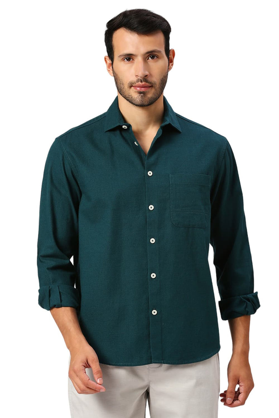 BASICS RELAXED FIT SEA GREEN COTTON HOPSACK SLUB DOBBY SHIRT