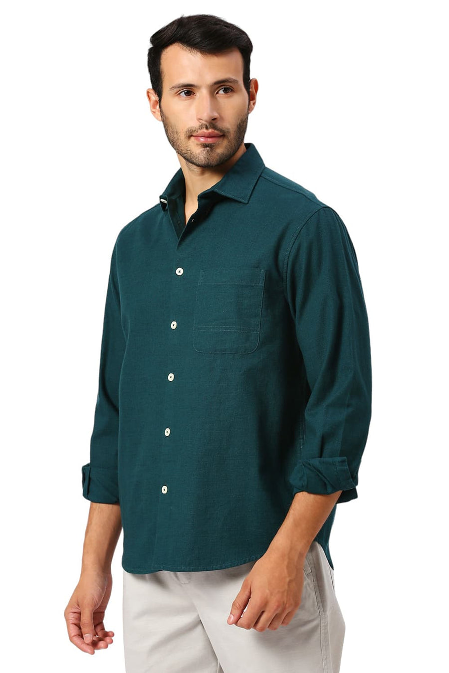 BASICS RELAXED FIT SEA GREEN COTTON HOPSACK SLUB DOBBY SHIRT