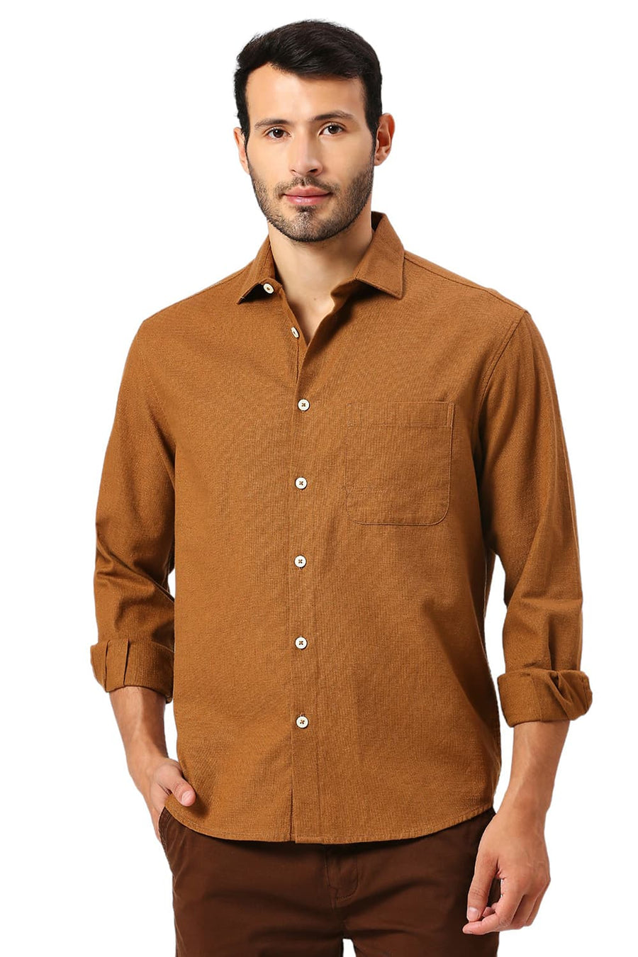 BASICS RELAXED FIT NUTHATCH KHAKI COTTON HOPSACK SLUB DOBBY SHIRT