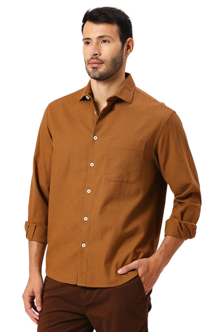 BASICS RELAXED FIT NUTHATCH KHAKI COTTON HOPSACK SLUB DOBBY SHIRT