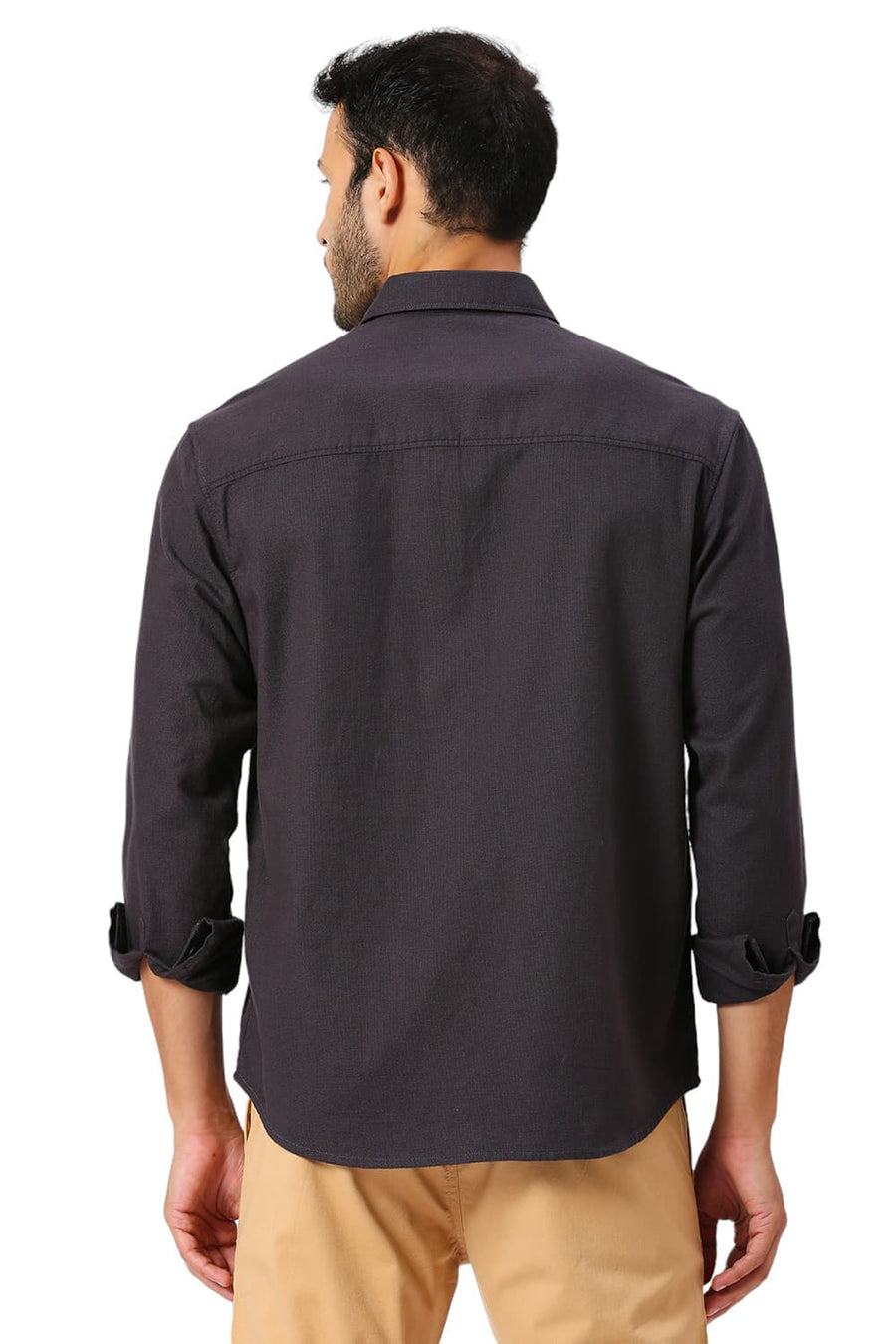 BASICS RELAXED FIT ASPHALT GREY COTTON HOPSACK SLUB DOBBY SHIRT
