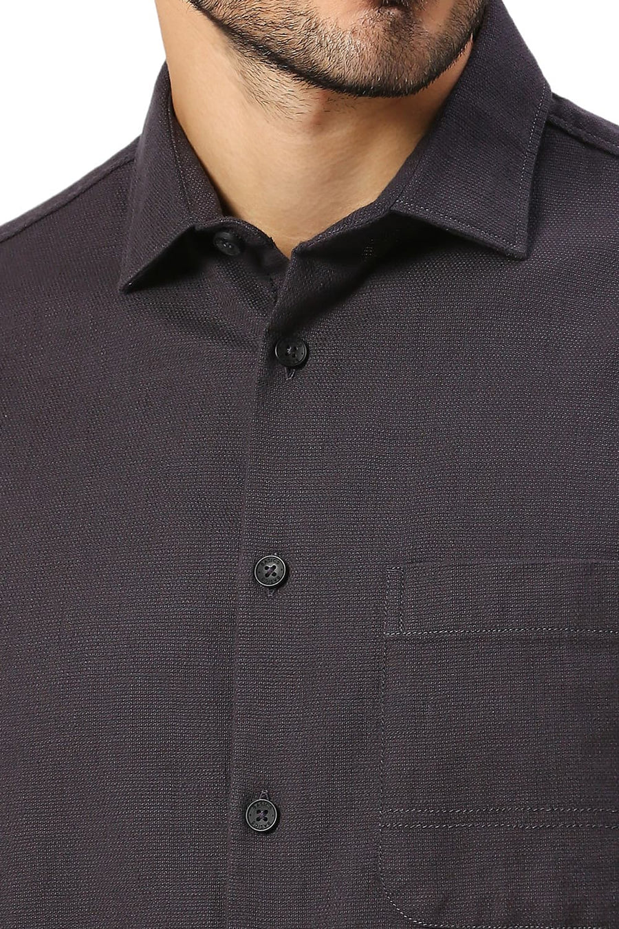 BASICS RELAXED FIT ASPHALT GREY COTTON HOPSACK SLUB DOBBY SHIRT